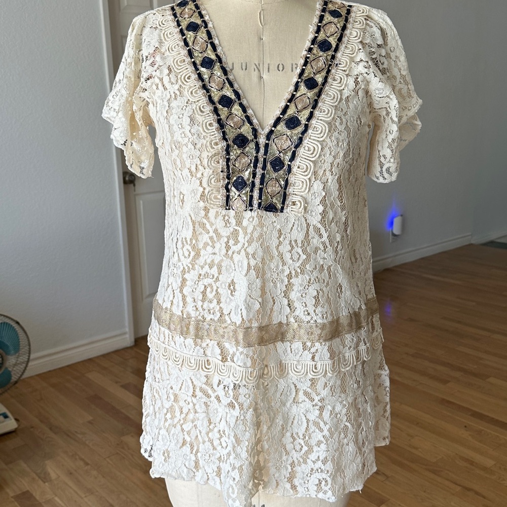 Cream Lace Top with Navy Embroidery